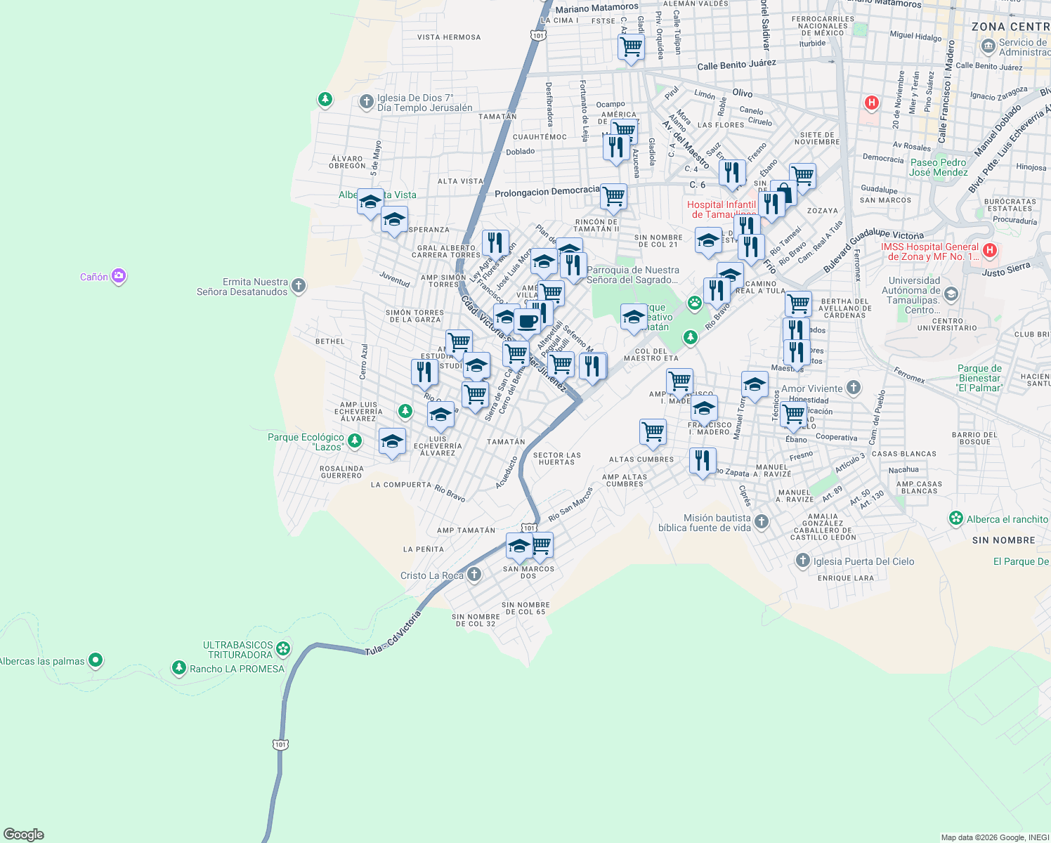 map of restaurants, bars, coffee shops, grocery stores, and more near 500 Acueducto in Ciudad Victoria
