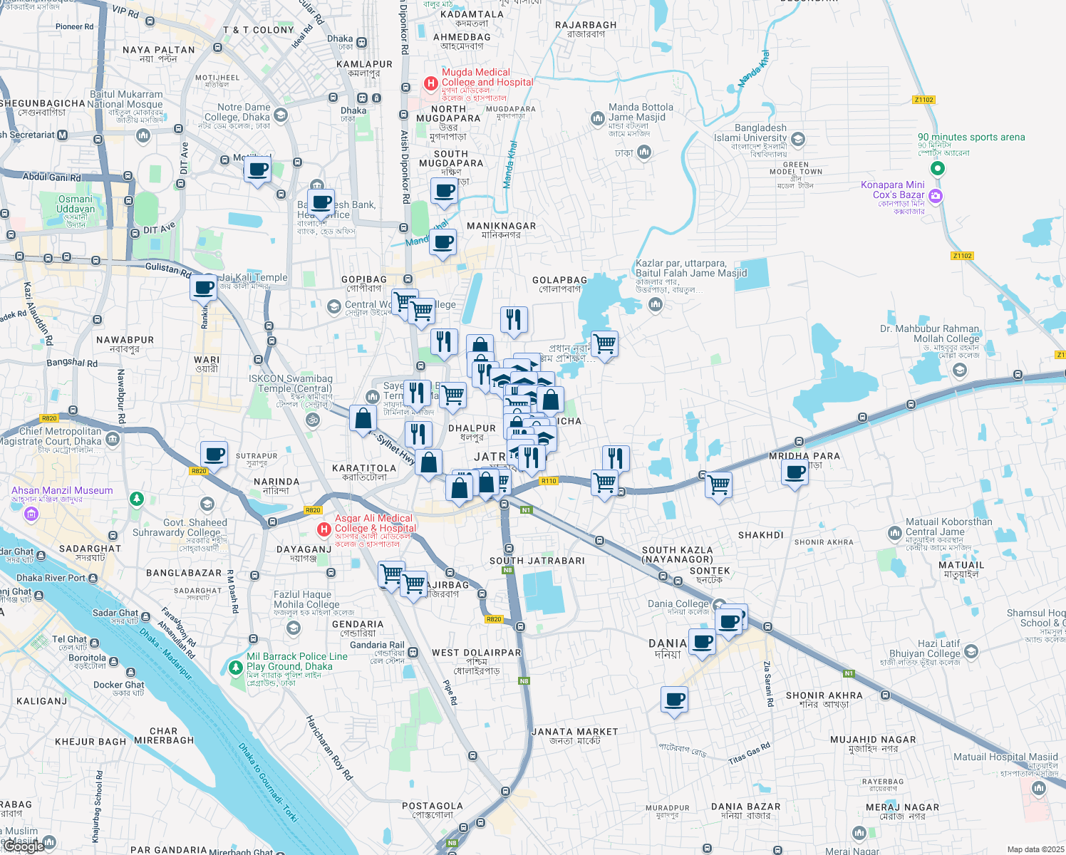 map of restaurants, bars, coffee shops, grocery stores, and more near in Dhaka