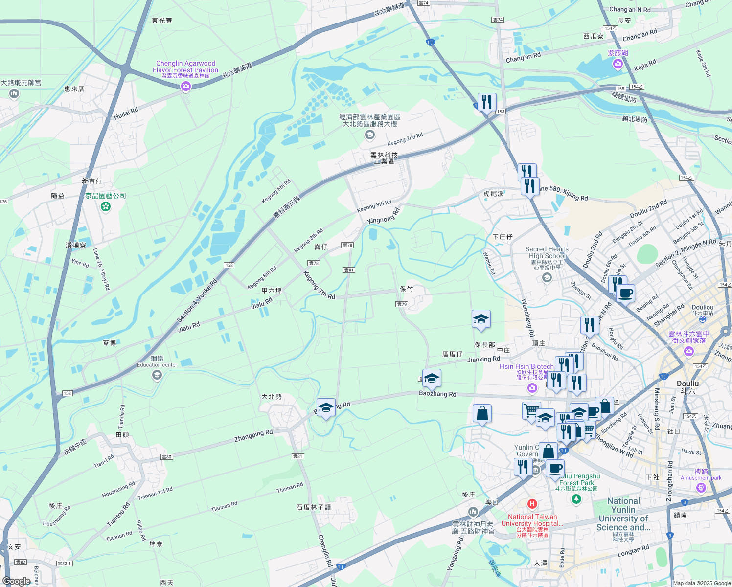 map of restaurants, bars, coffee shops, grocery stores, and more near 25 Kegong 7th Road in Douliu City