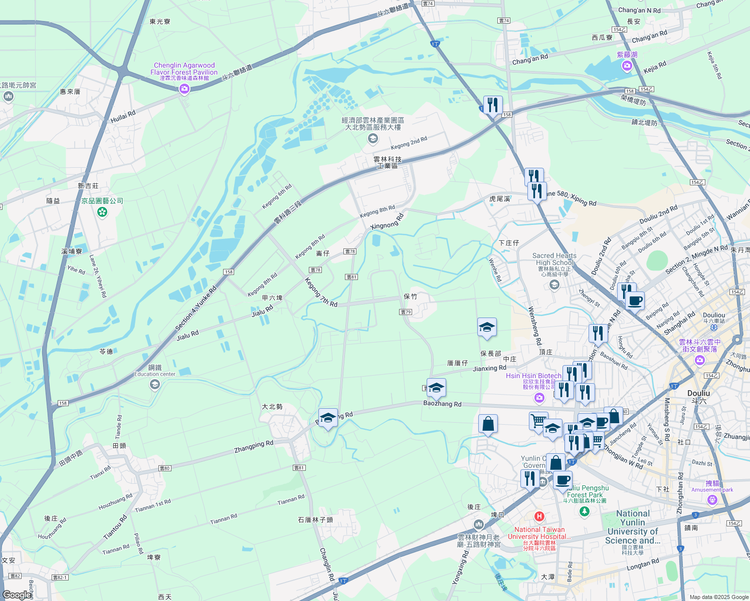 map of restaurants, bars, coffee shops, grocery stores, and more near 25 Kegong 7th Road in Douliu City
