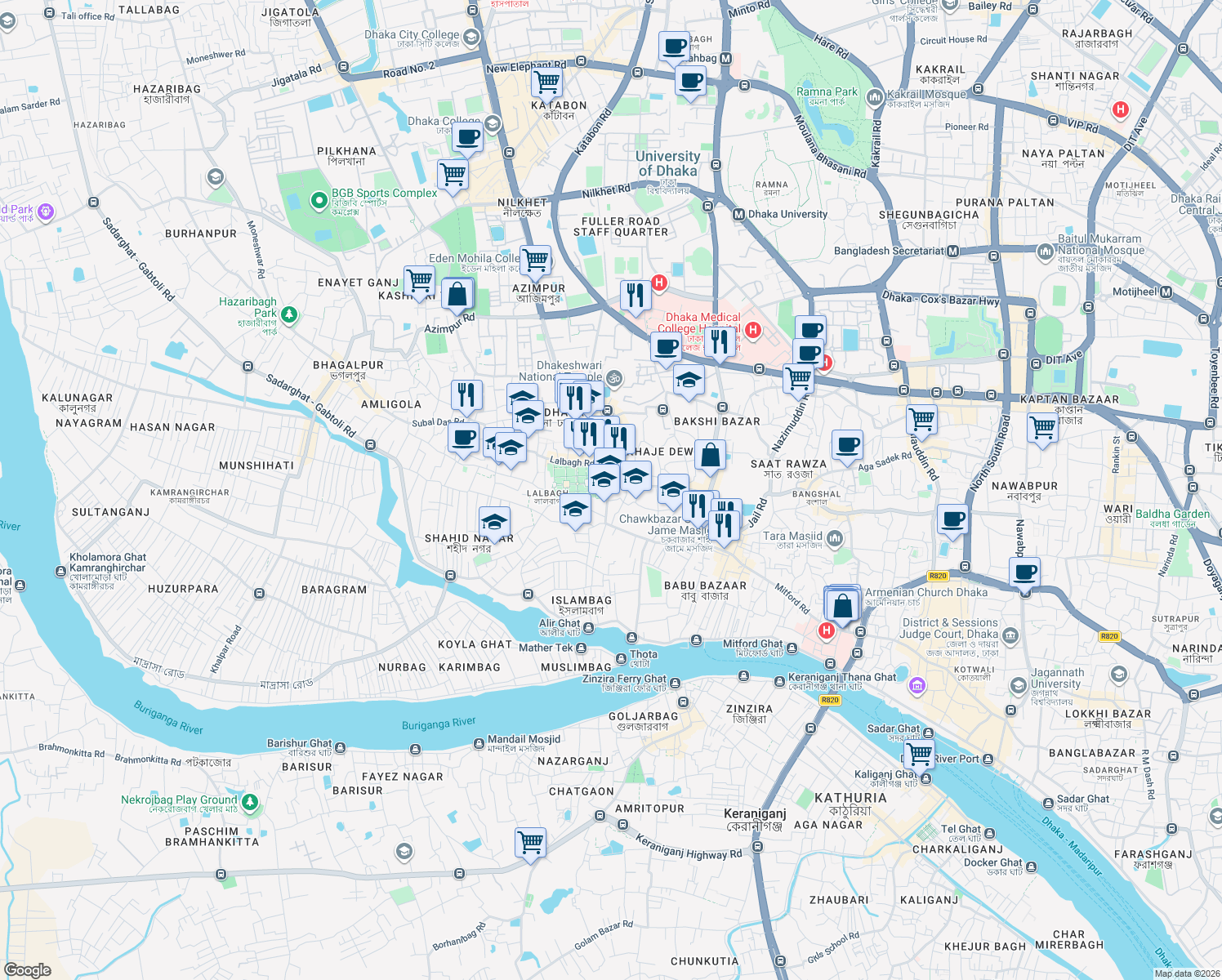map of restaurants, bars, coffee shops, grocery stores, and more near Shaista Khan Road in Dhaka