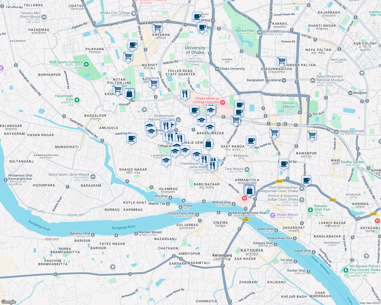 map of restaurants, bars, coffee shops, grocery stores, and more near Lalbagh Road in Dhaka