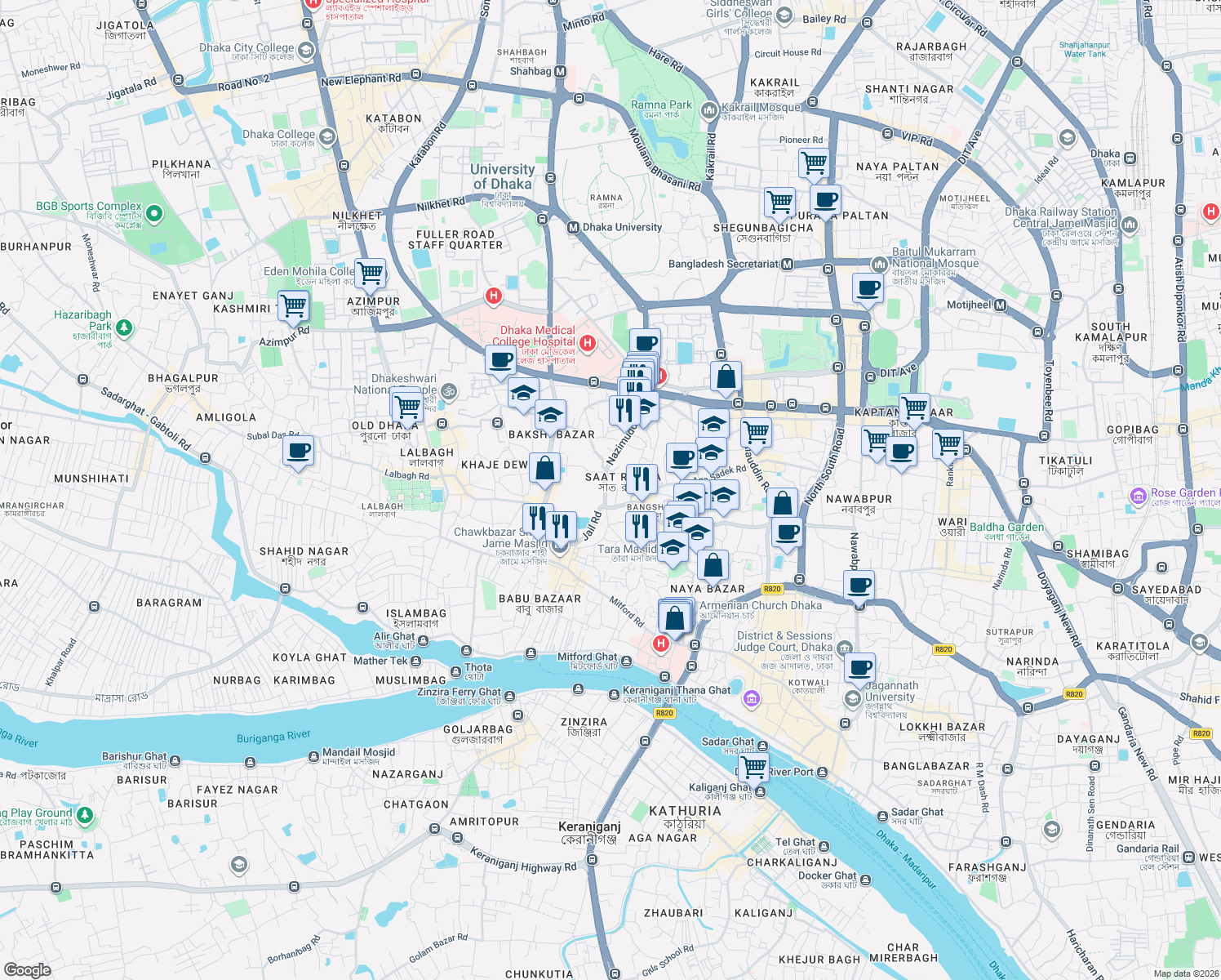 map of restaurants, bars, coffee shops, grocery stores, and more near Nazimuddin Road in Dhaka