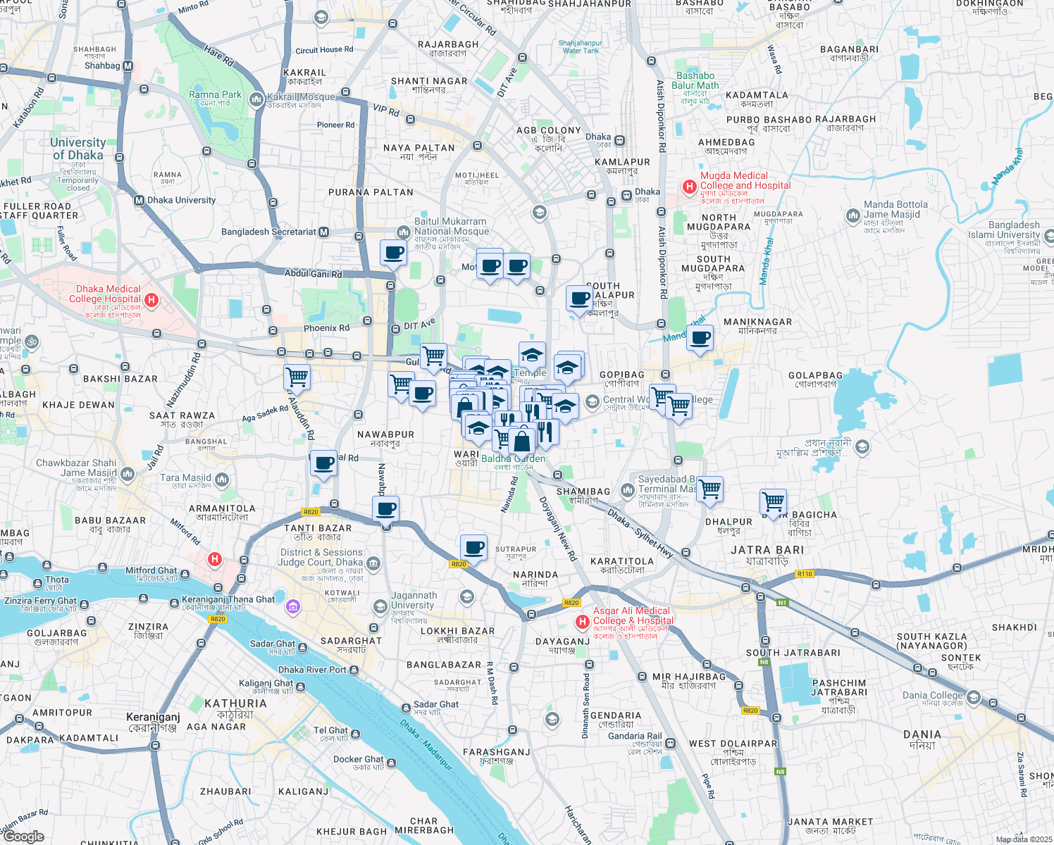 map of restaurants, bars, coffee shops, grocery stores, and more near Hatkhola Foot Over Bridge in Dhaka