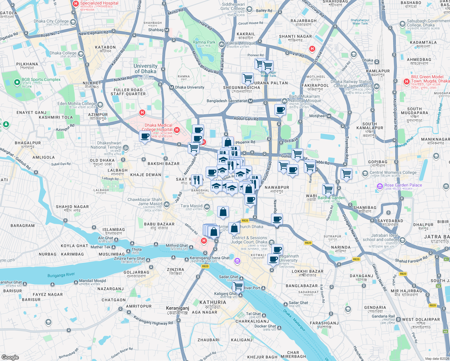 map of restaurants, bars, coffee shops, grocery stores, and more near Aga Sadek Road in Dhaka