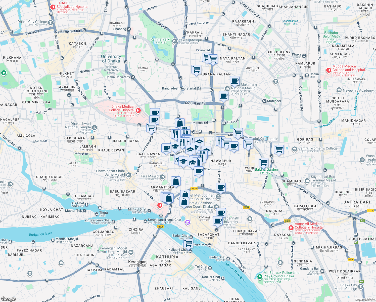 map of restaurants, bars, coffee shops, grocery stores, and more near 104 Kazi Alauddin Road in Dhaka
