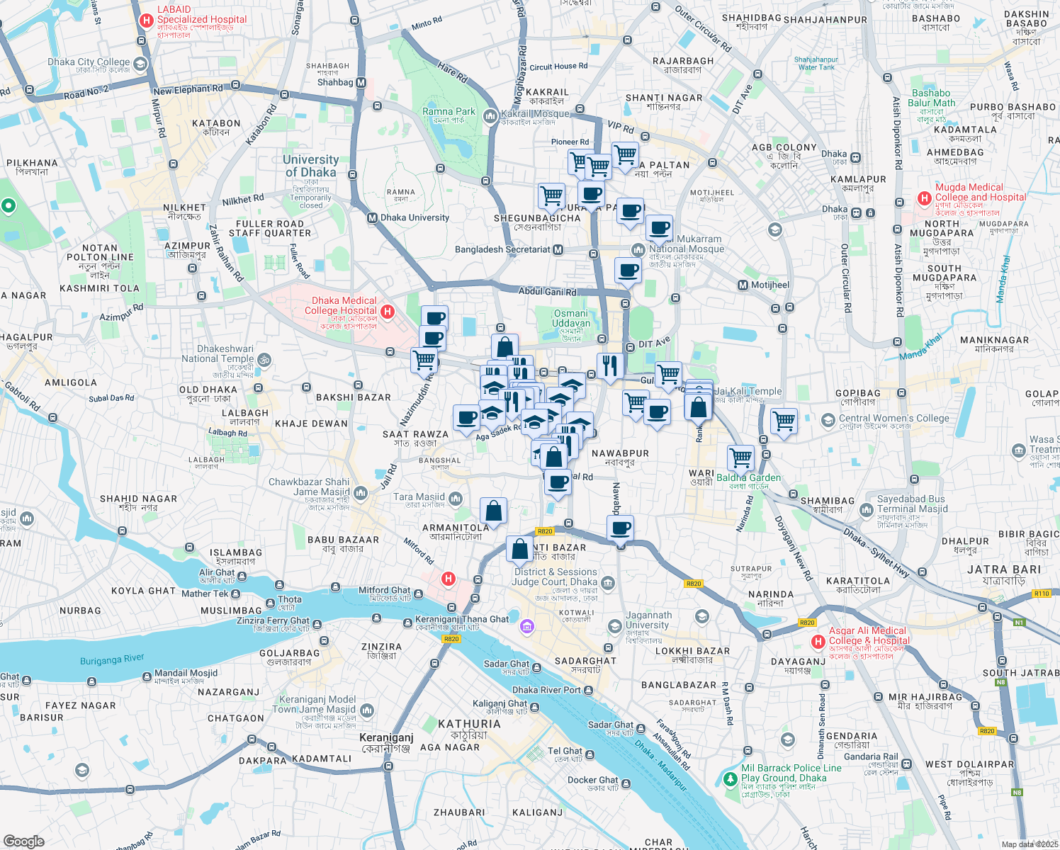 map of restaurants, bars, coffee shops, grocery stores, and more near Siddique Bazar Road in Dhaka