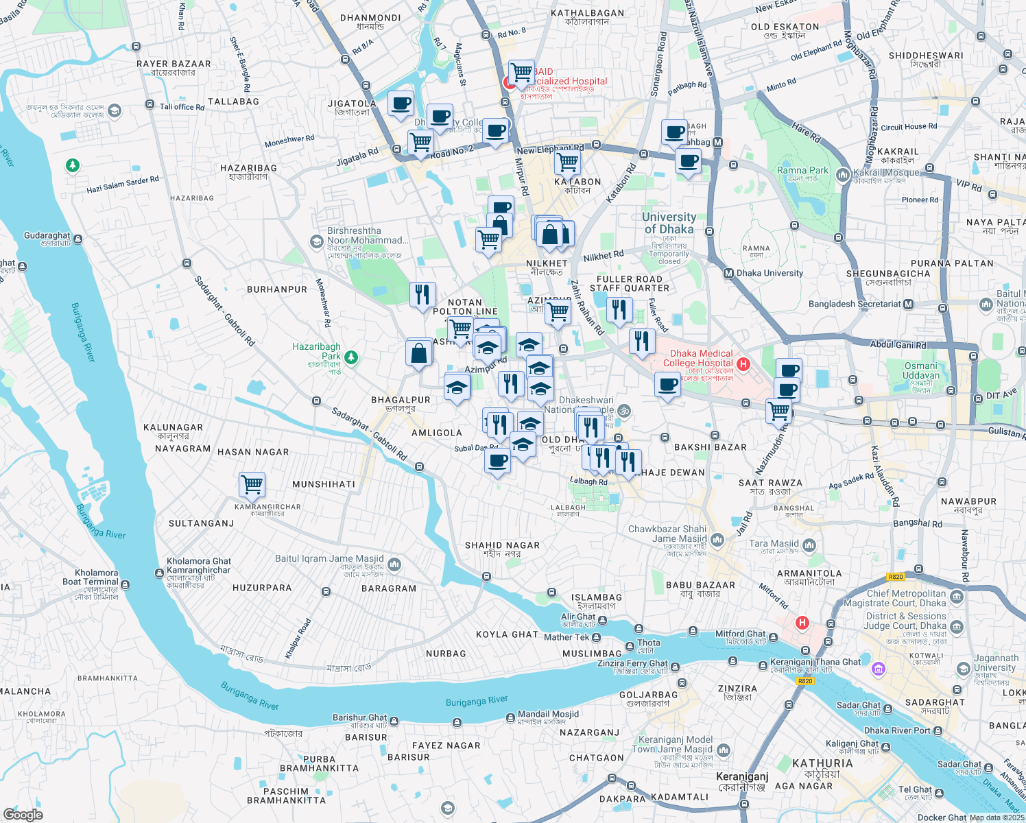 map of restaurants, bars, coffee shops, grocery stores, and more near Azimpur Road in Dhaka