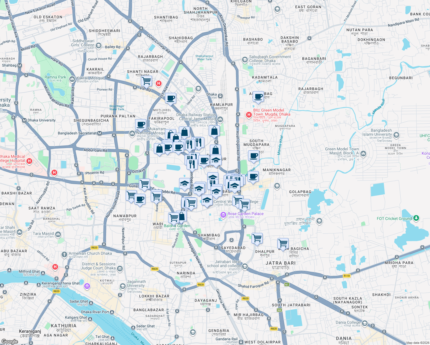 map of restaurants, bars, coffee shops, grocery stores, and more near Sadek Hossain Khoka Road in Dhaka
