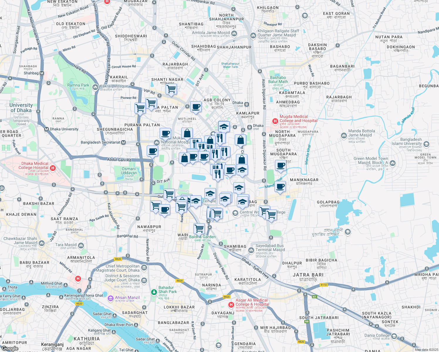 map of restaurants, bars, coffee shops, grocery stores, and more near Toyenbee Road in Dhaka