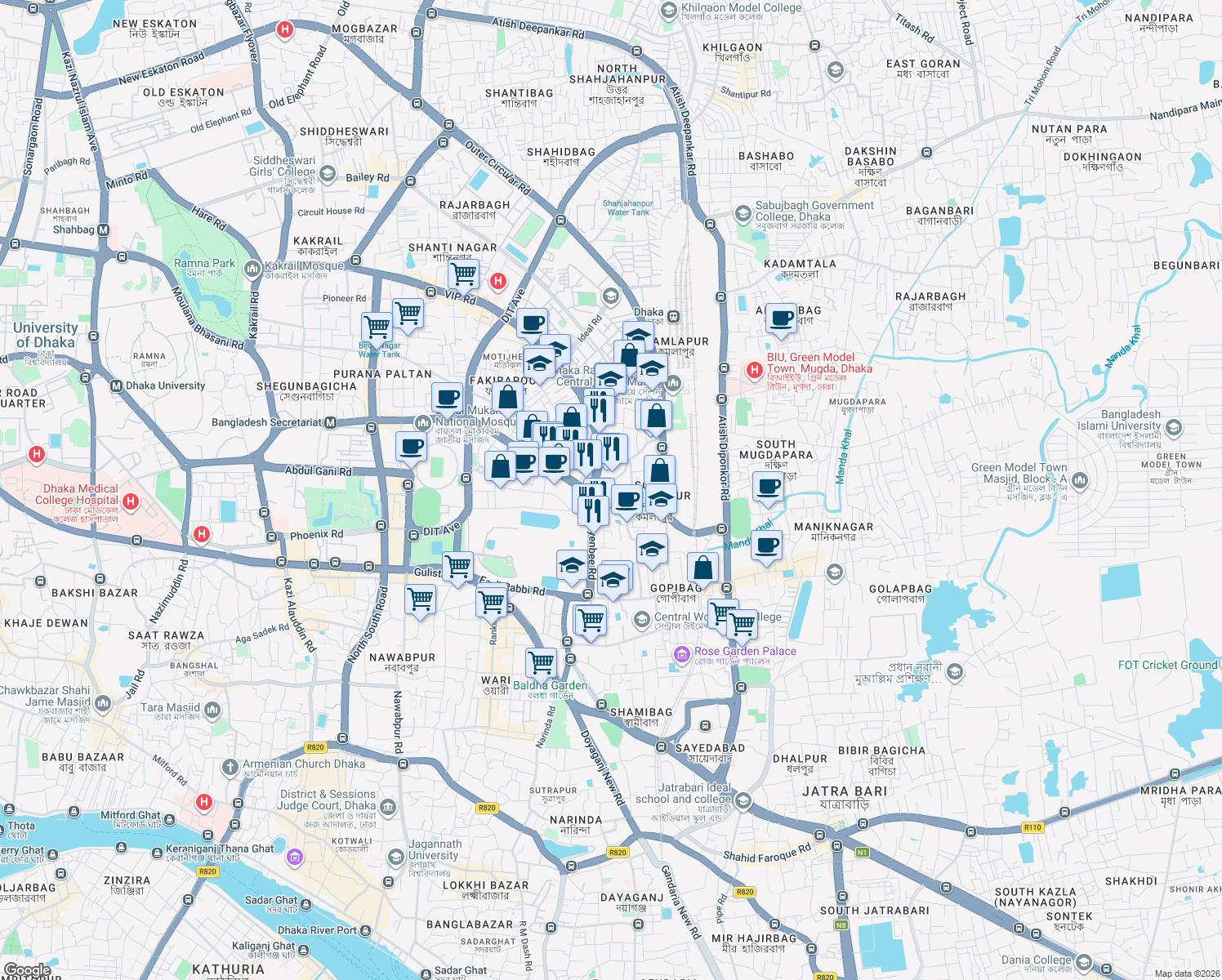 map of restaurants, bars, coffee shops, grocery stores, and more near Kamalapur Box Culvert Road in Dhaka