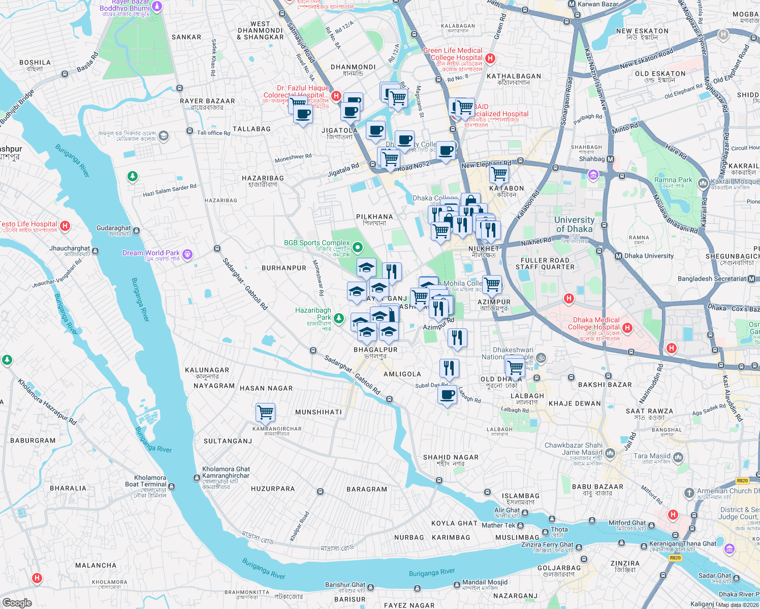 map of restaurants, bars, coffee shops, grocery stores, and more near Gonoktuli Road in Dhaka