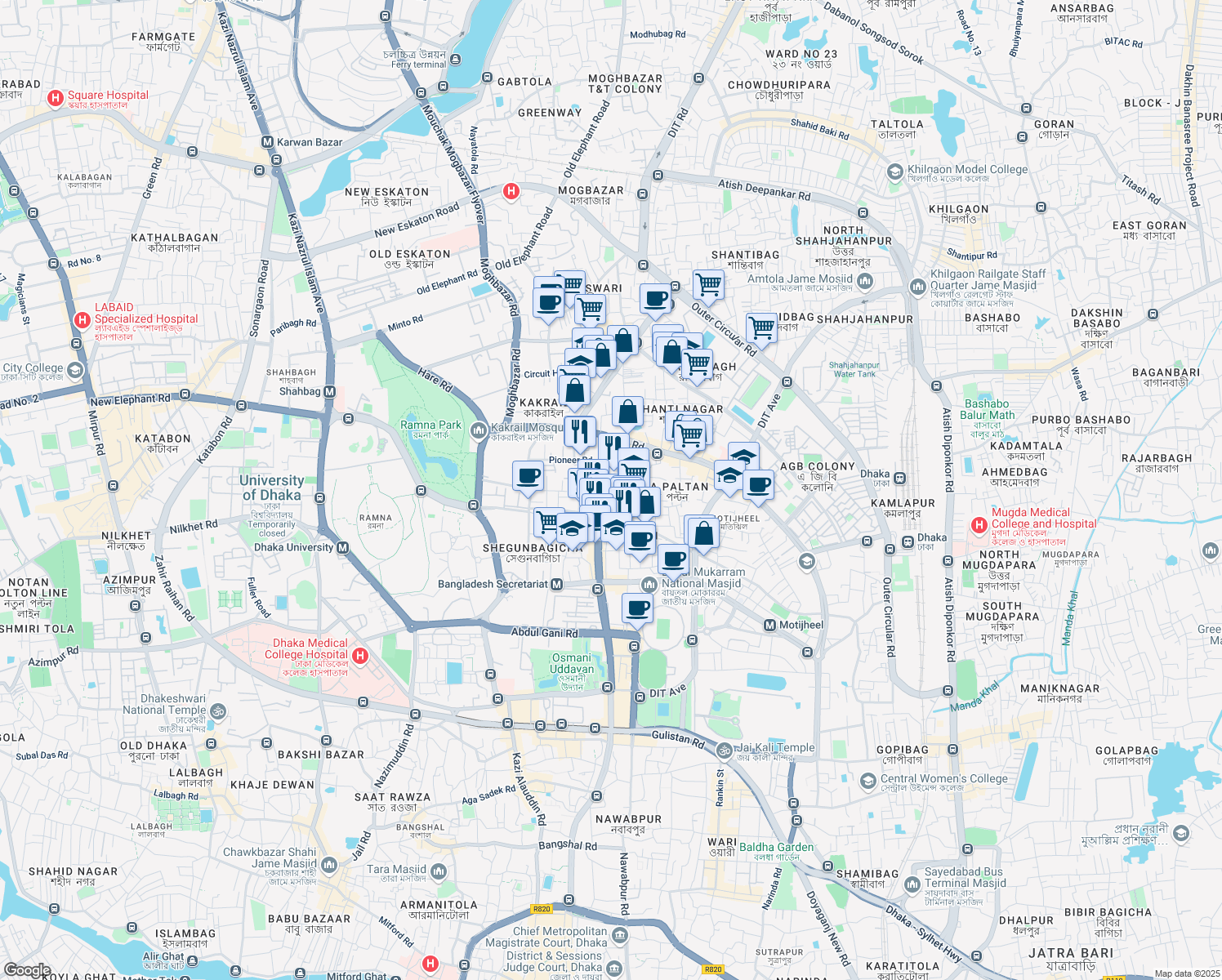 map of restaurants, bars, coffee shops, grocery stores, and more near Bijoy Nagar Road in Dhaka