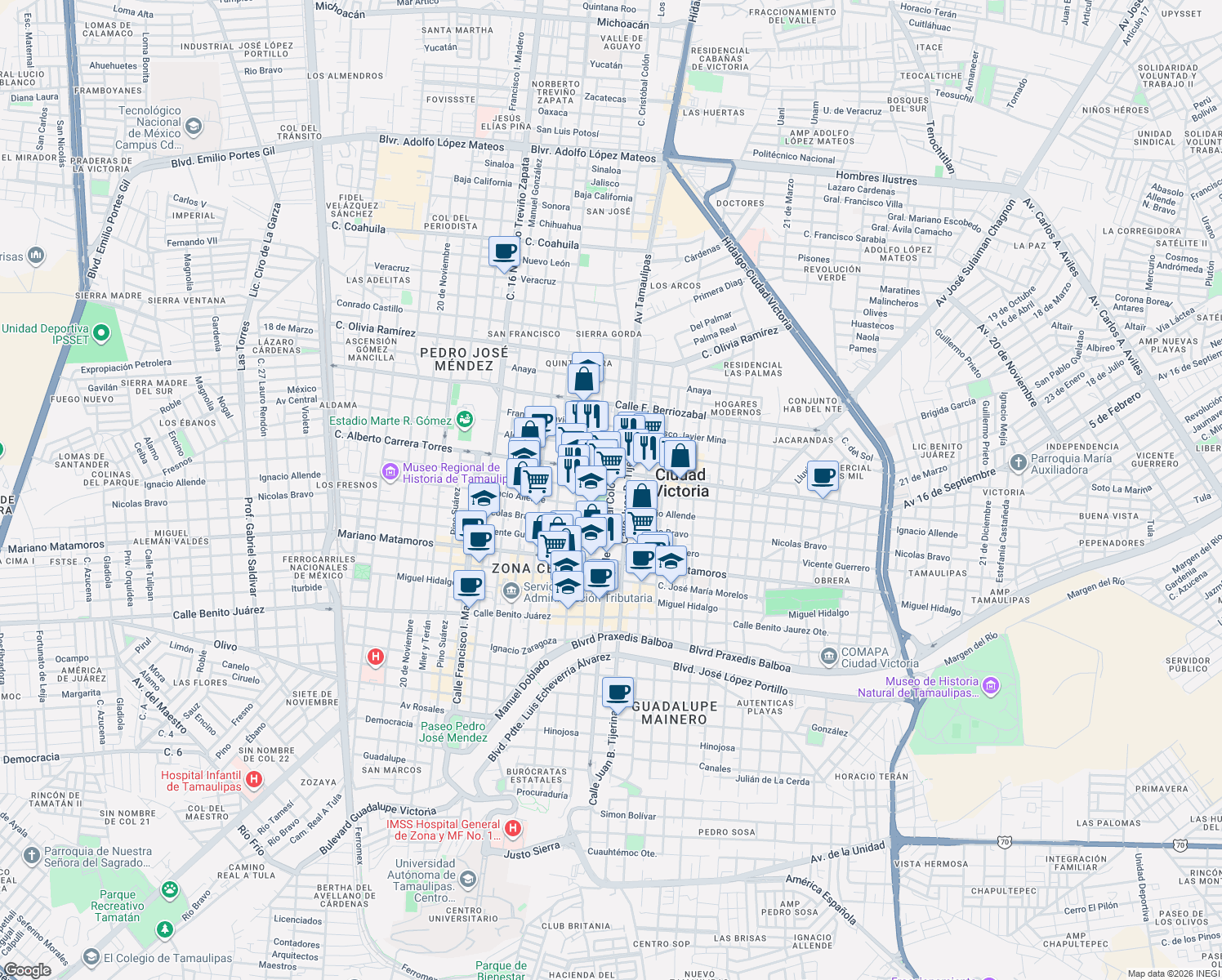 map of restaurants, bars, coffee shops, grocery stores, and more near Prolongación Calle Abasolo in Ciudad Victoria