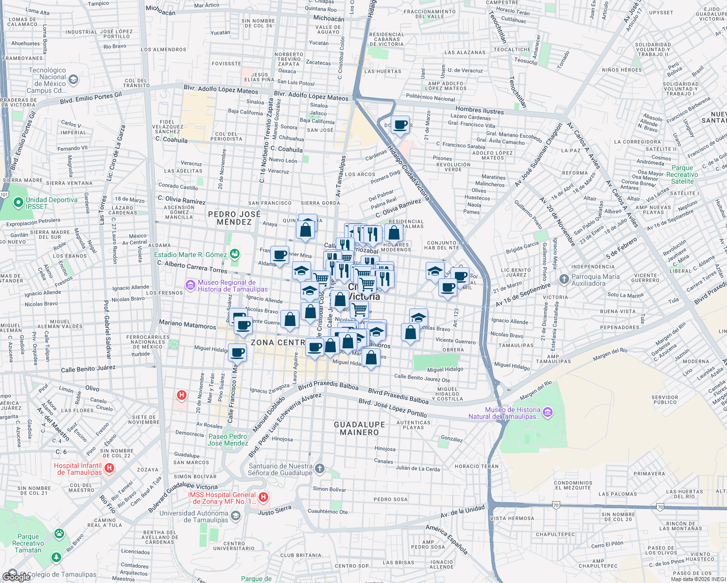 map of restaurants, bars, coffee shops, grocery stores, and more near in Ciudad Victoria
