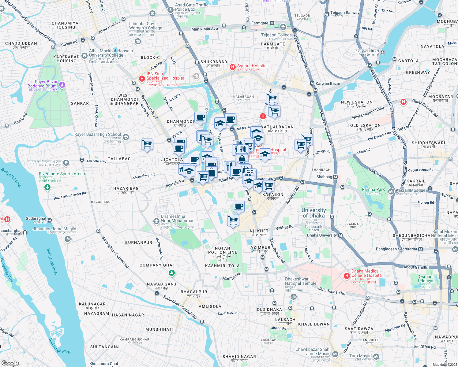 map of restaurants, bars, coffee shops, grocery stores, and more near Road No. 1 in Dhaka