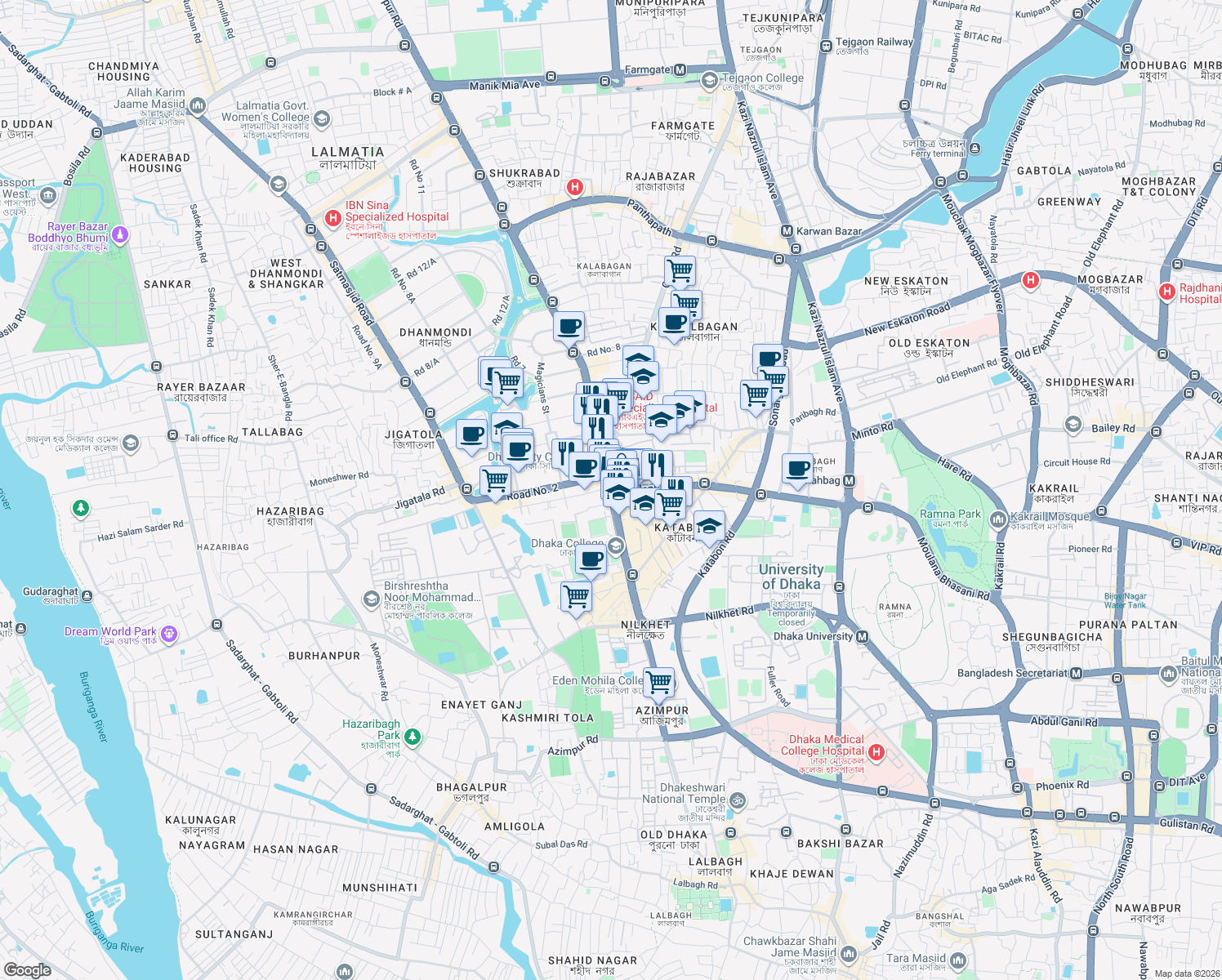 map of restaurants, bars, coffee shops, grocery stores, and more near Science Lab Over Bridge in Dhaka