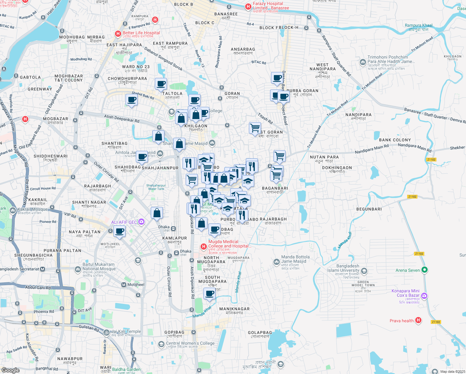 map of restaurants, bars, coffee shops, grocery stores, and more near Basabo Madertek Road in Dhaka