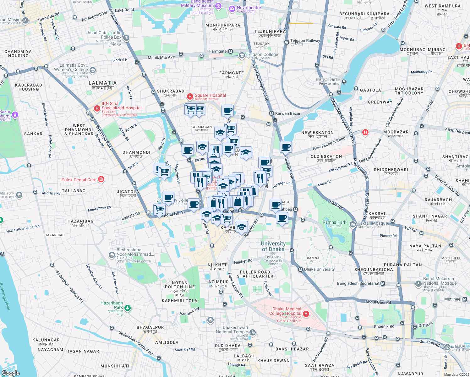 map of restaurants, bars, coffee shops, grocery stores, and more near Central Road in Dhaka