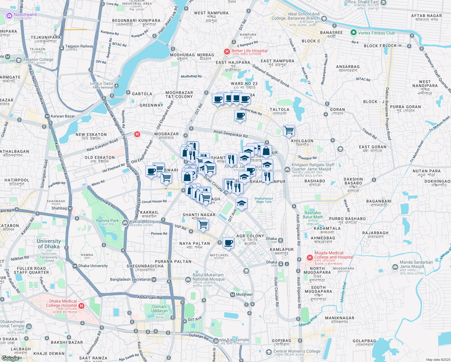 map of restaurants, bars, coffee shops, grocery stores, and more near Shantibag Bazar Road in Dhaka