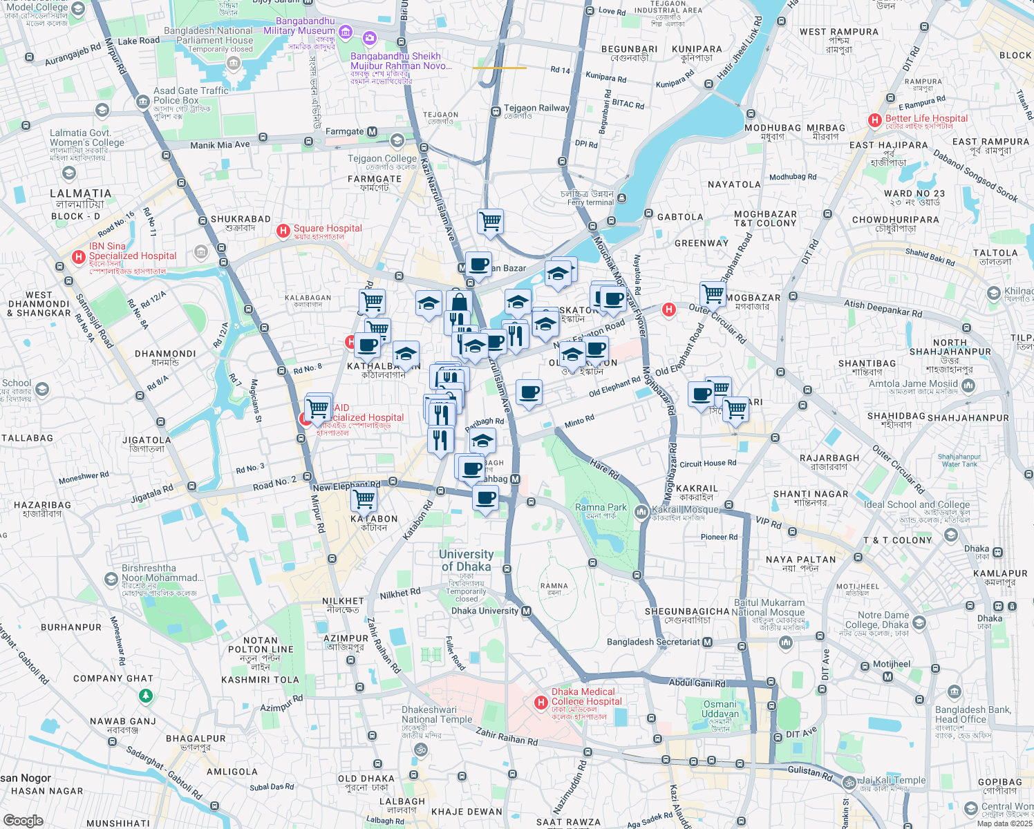 map of restaurants, bars, coffee shops, grocery stores, and more near 117 Kazi Nazrul Islam Avenue in Dhaka