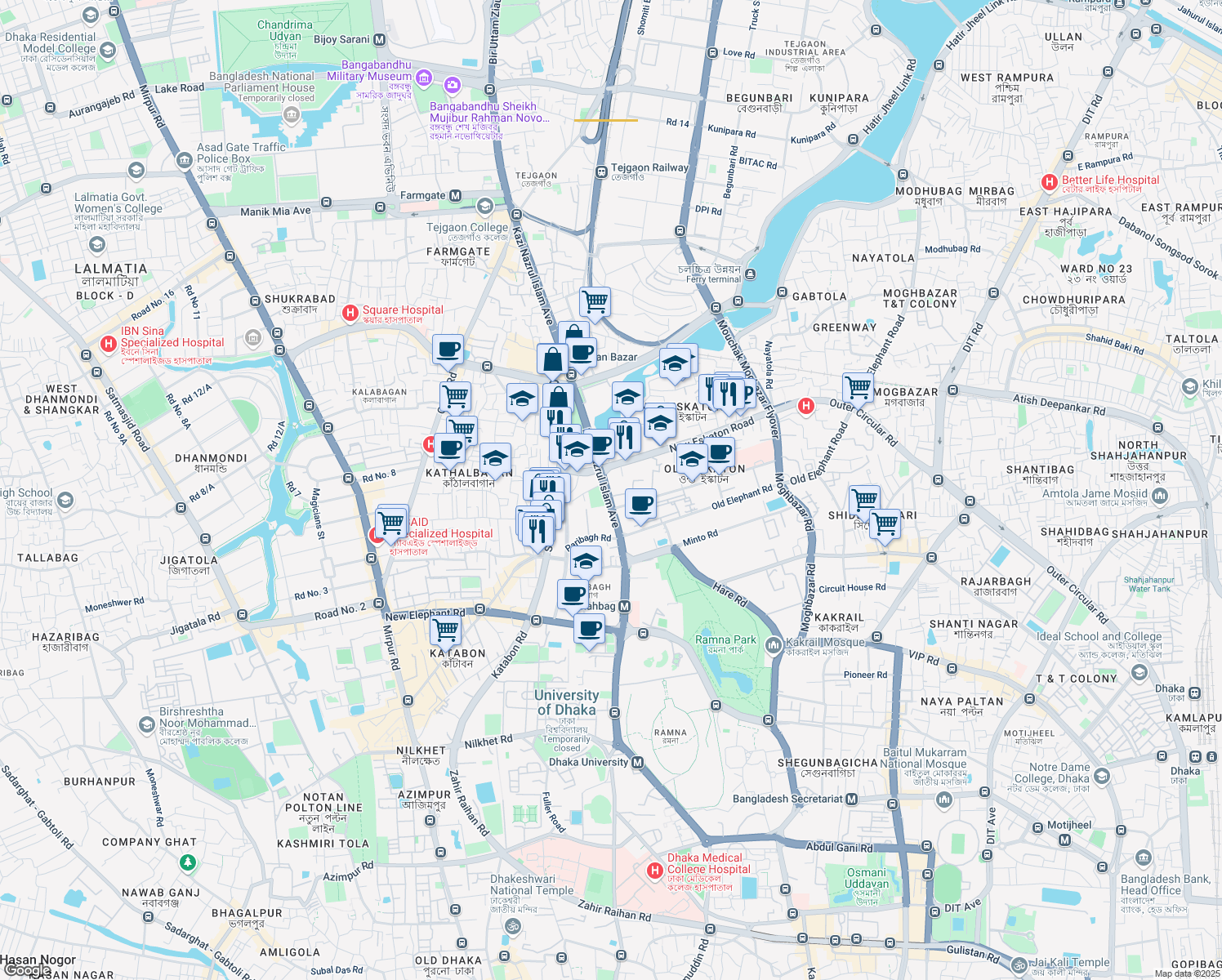 map of restaurants, bars, coffee shops, grocery stores, and more near 117 Kazi Nazrul Islam Avenue in Dhaka