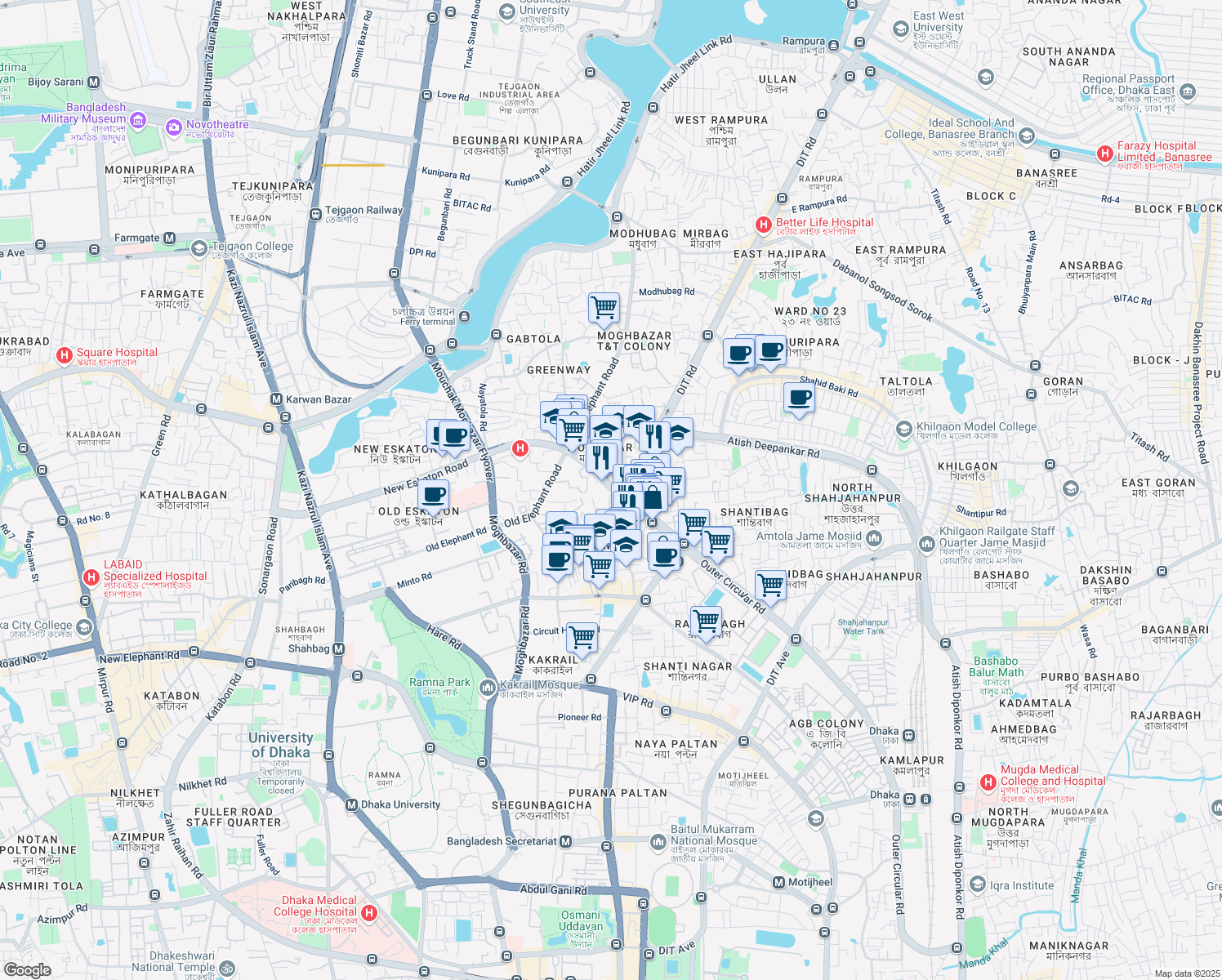 map of restaurants, bars, coffee shops, grocery stores, and more near Outer Circular Road in Dhaka