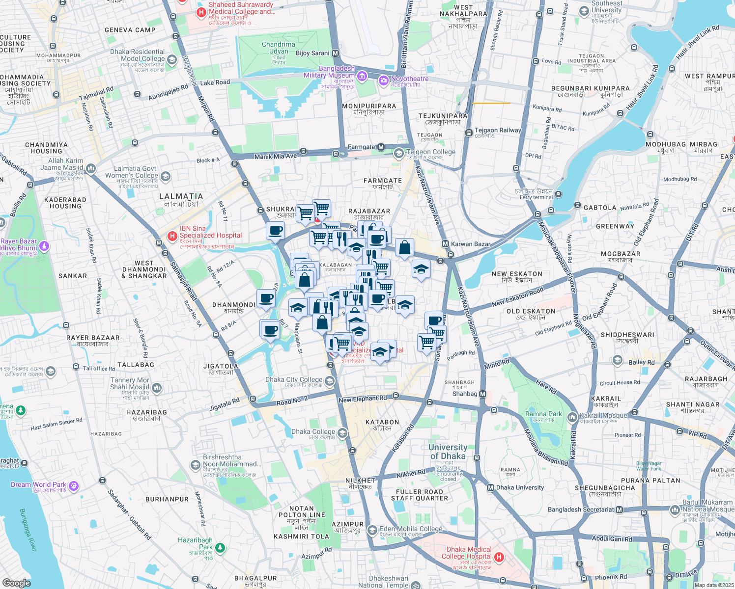 map of restaurants, bars, coffee shops, grocery stores, and more near Crescent Road in Dhaka