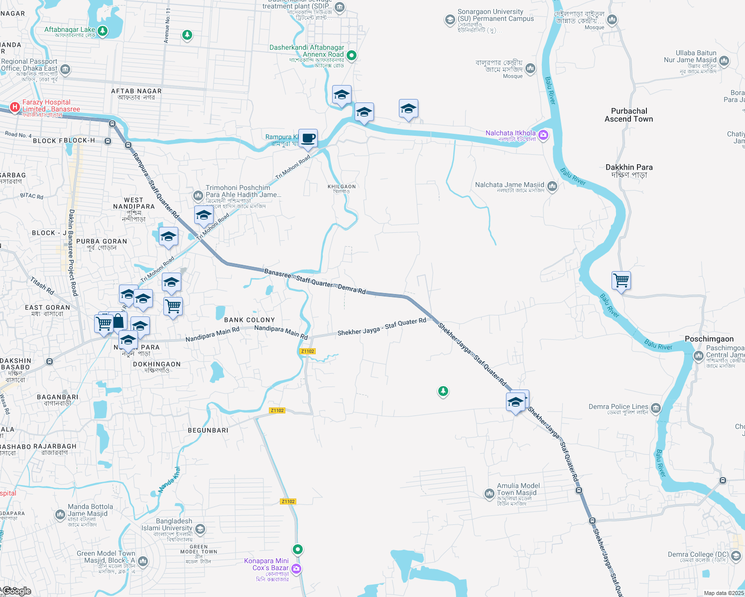 map of restaurants, bars, coffee shops, grocery stores, and more near 1360 Banasree - Staff Quarter - Demra Road in Dhaka