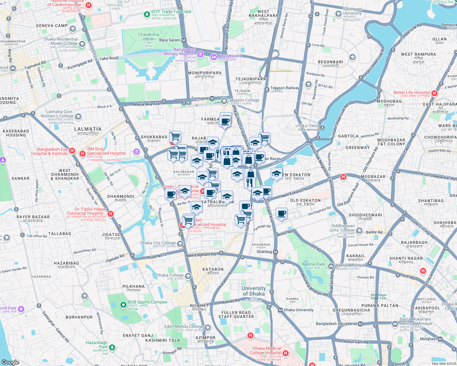 map of restaurants, bars, coffee shops, grocery stores, and more near Kathalbagan Road in Dhaka