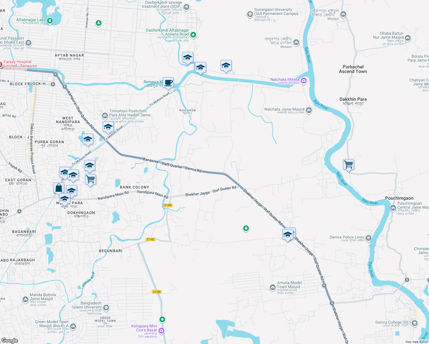 map of restaurants, bars, coffee shops, grocery stores, and more near 1360 Banasree - Staff Quarter - Demra Road in Dhaka