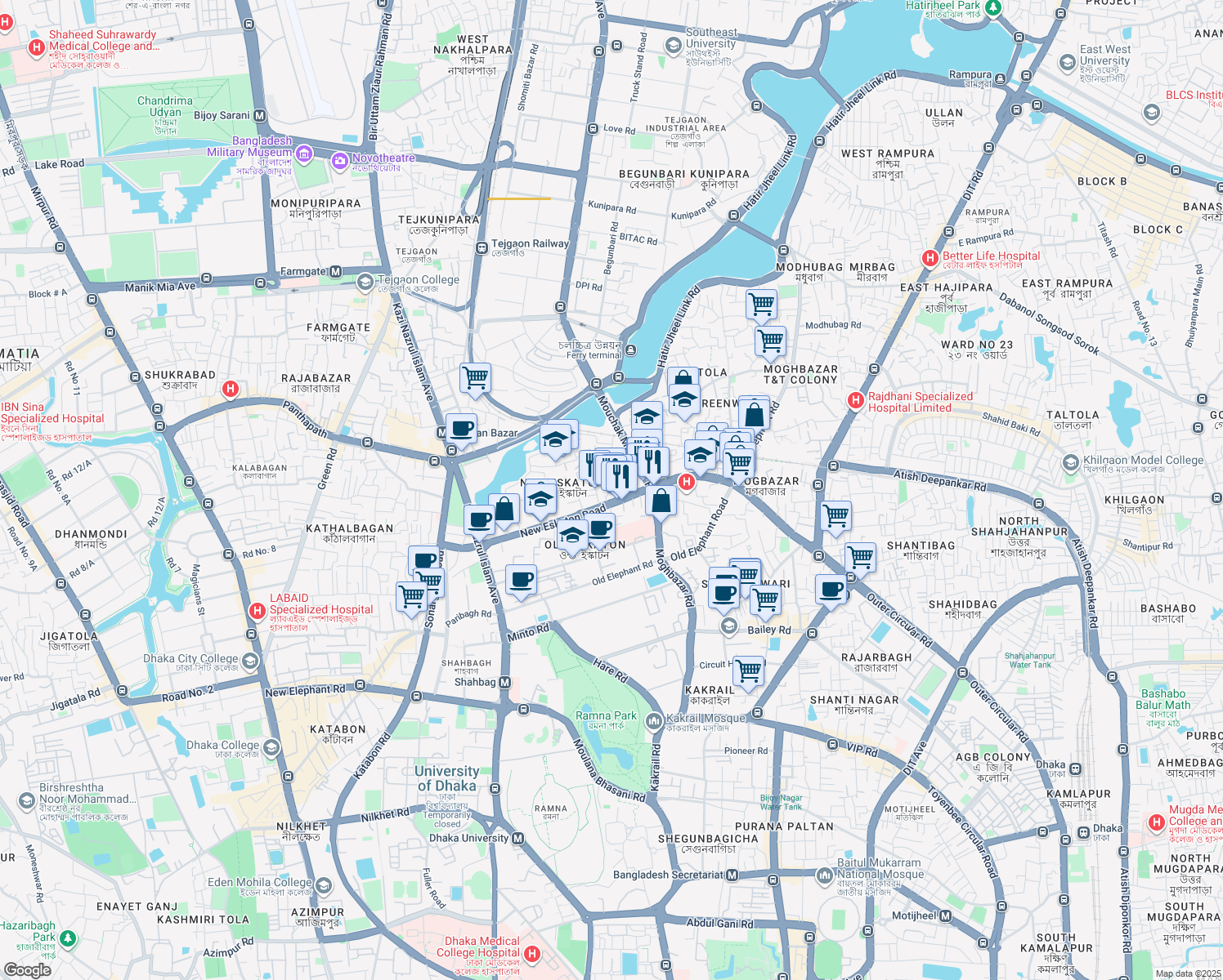 map of restaurants, bars, coffee shops, grocery stores, and more near 401/1 New Eskaton Road in Dhaka
