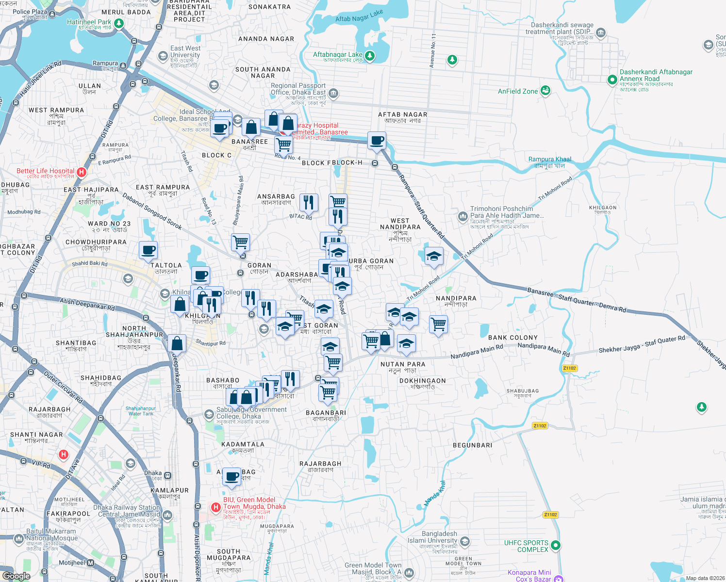 map of restaurants, bars, coffee shops, grocery stores, and more near Nandipara Road in Dhaka