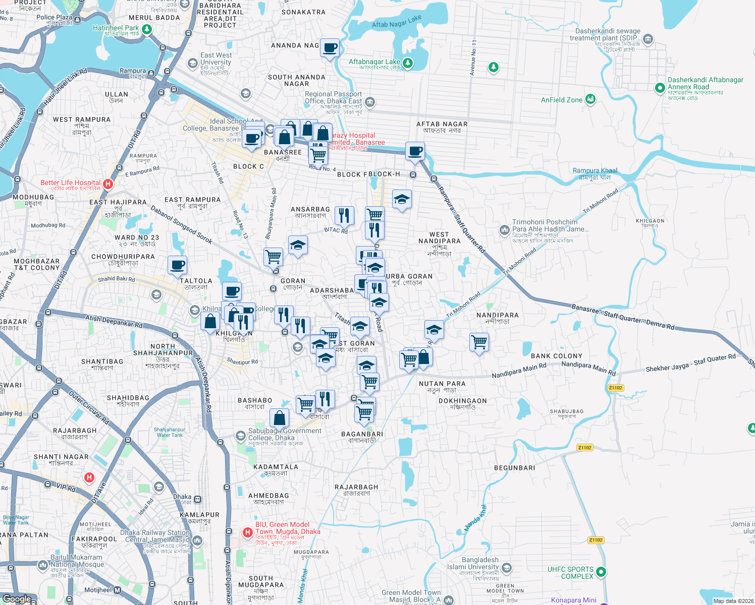 map of restaurants, bars, coffee shops, grocery stores, and more near 531, Titas Road Dakhin Banasree Project Road in Dhaka