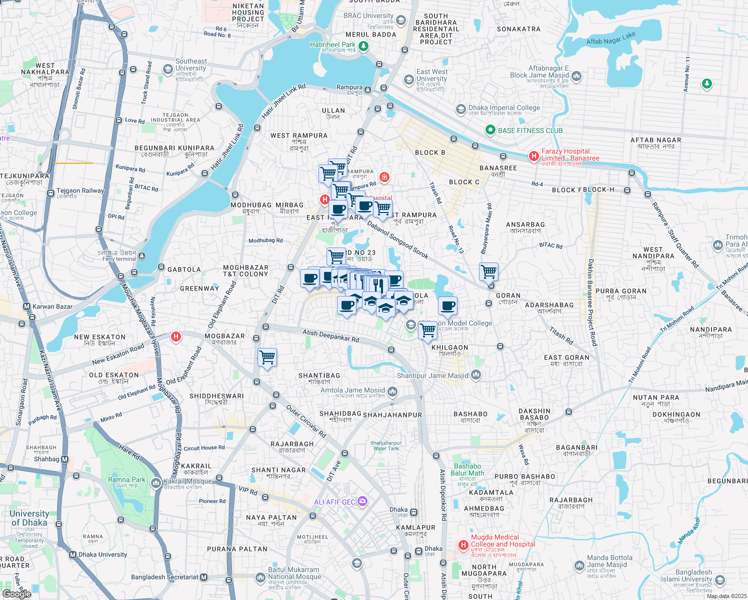 map of restaurants, bars, coffee shops, grocery stores, and more near Shahid Baki Road in Dhaka