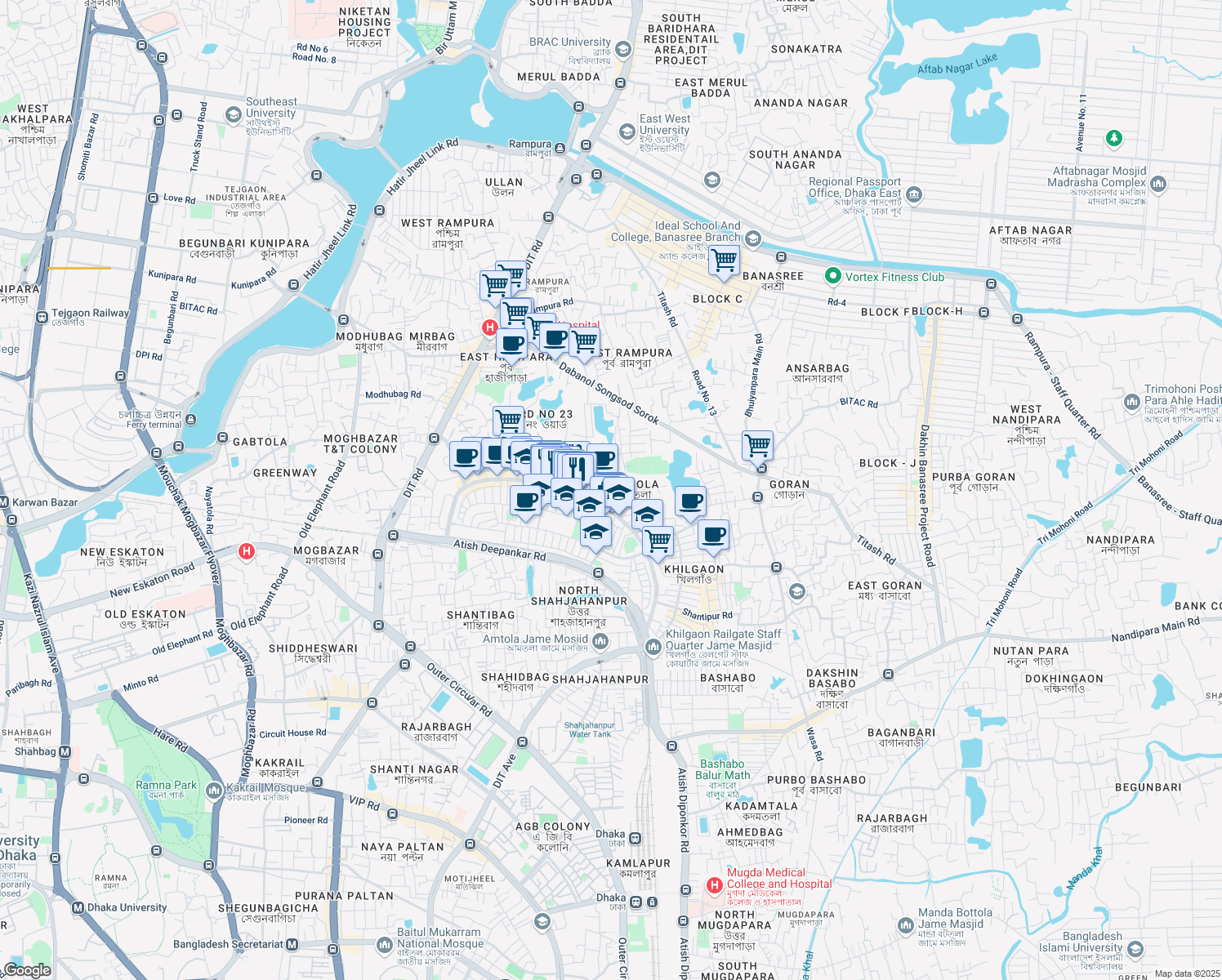 map of restaurants, bars, coffee shops, grocery stores, and more near Taltola Market Road in Dhaka