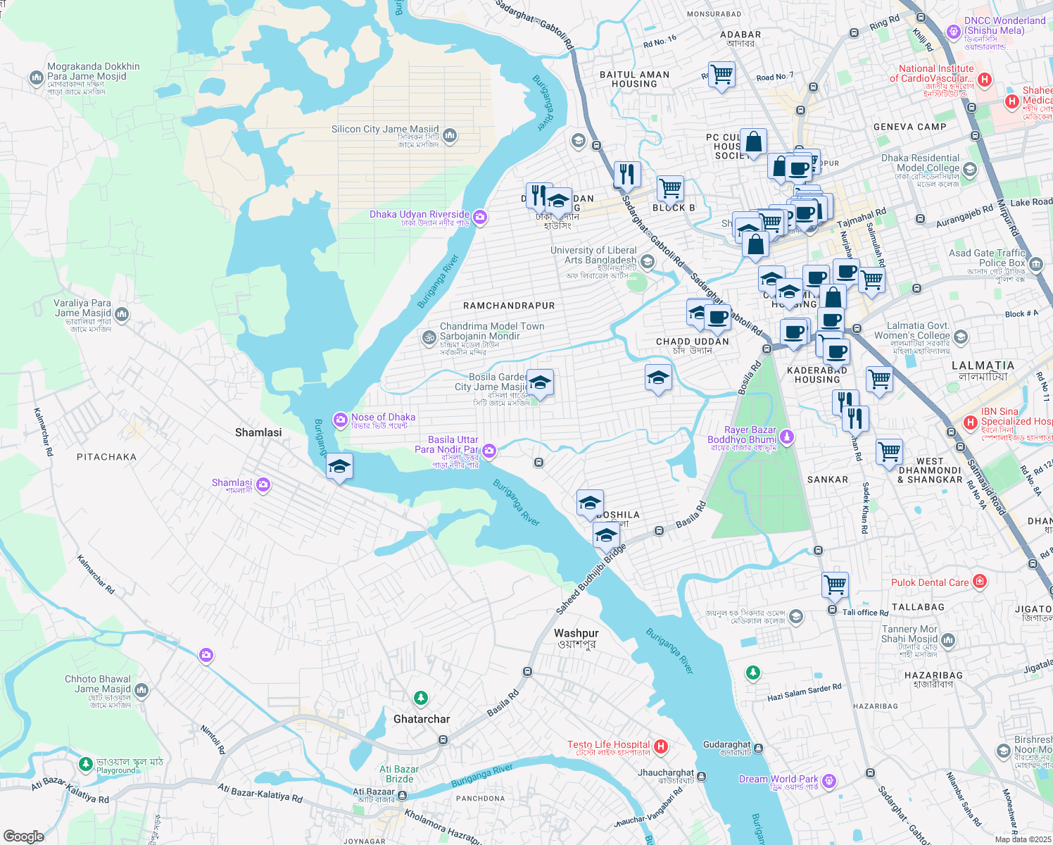 map of restaurants, bars, coffee shops, grocery stores, and more near 9 Block-C in Dhaka