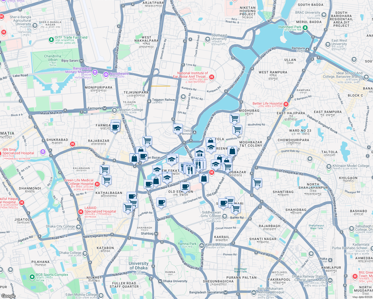 map of restaurants, bars, coffee shops, grocery stores, and more near Shaheed Tajuddin Ahmed Avenue in Dhaka