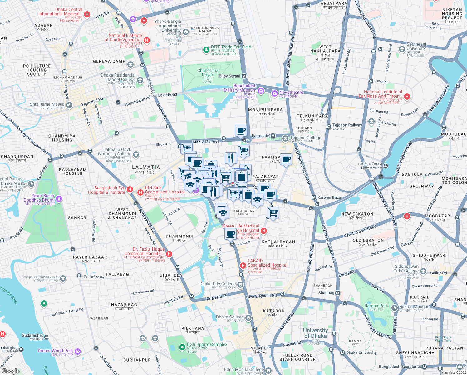 map of restaurants, bars, coffee shops, grocery stores, and more near 19 Bir Uttam Kazi Nuruzzaman Road in Dhaka
