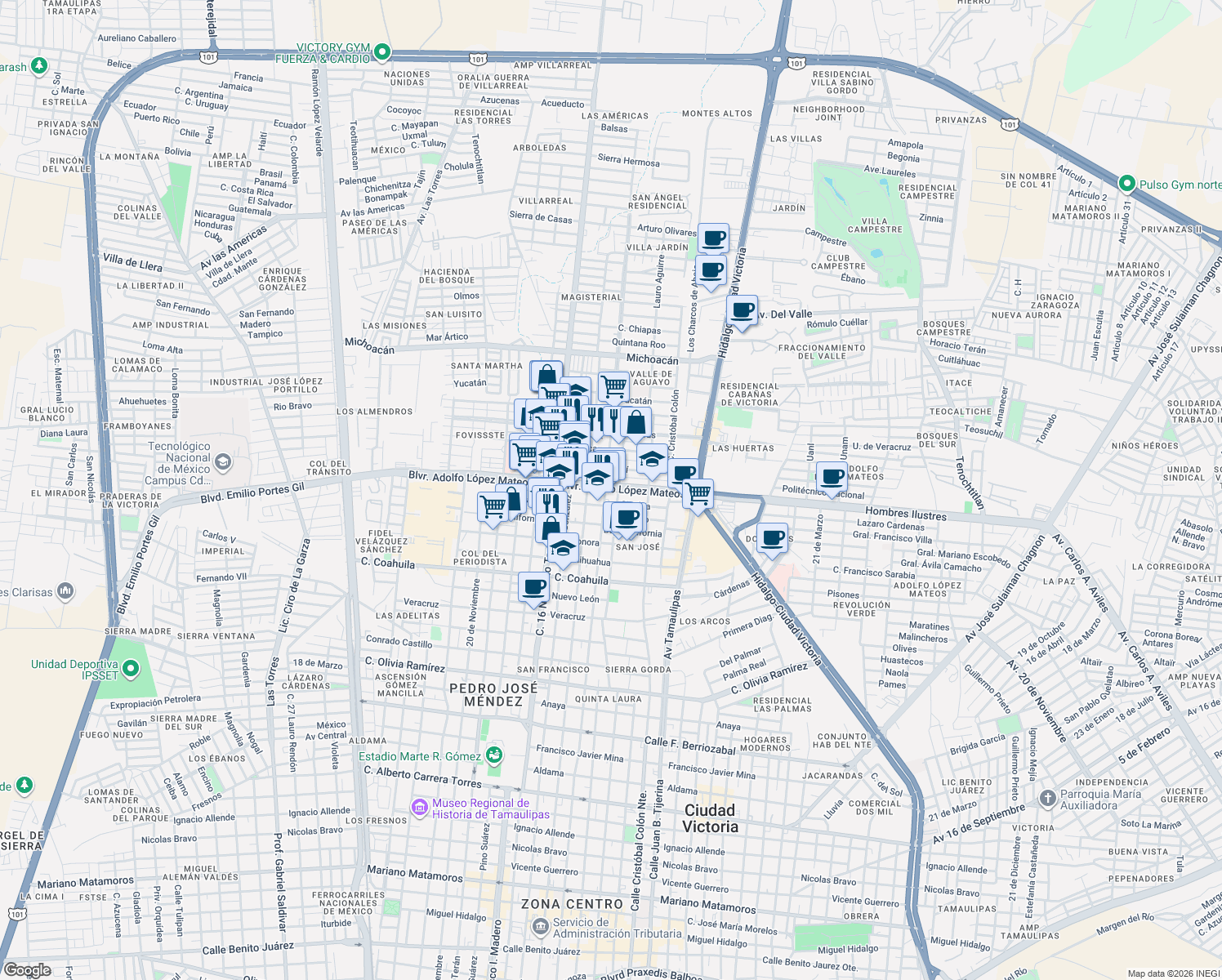 map of restaurants, bars, coffee shops, grocery stores, and more near SN-C HELADOS BING Bulevar Adolfo López Mateos in Ciudad Victoria
