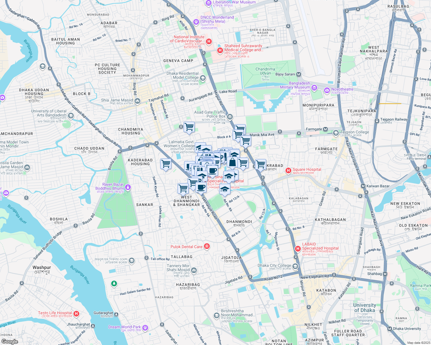 map of restaurants, bars, coffee shops, grocery stores, and more near 46 Road No 16 in Dhaka