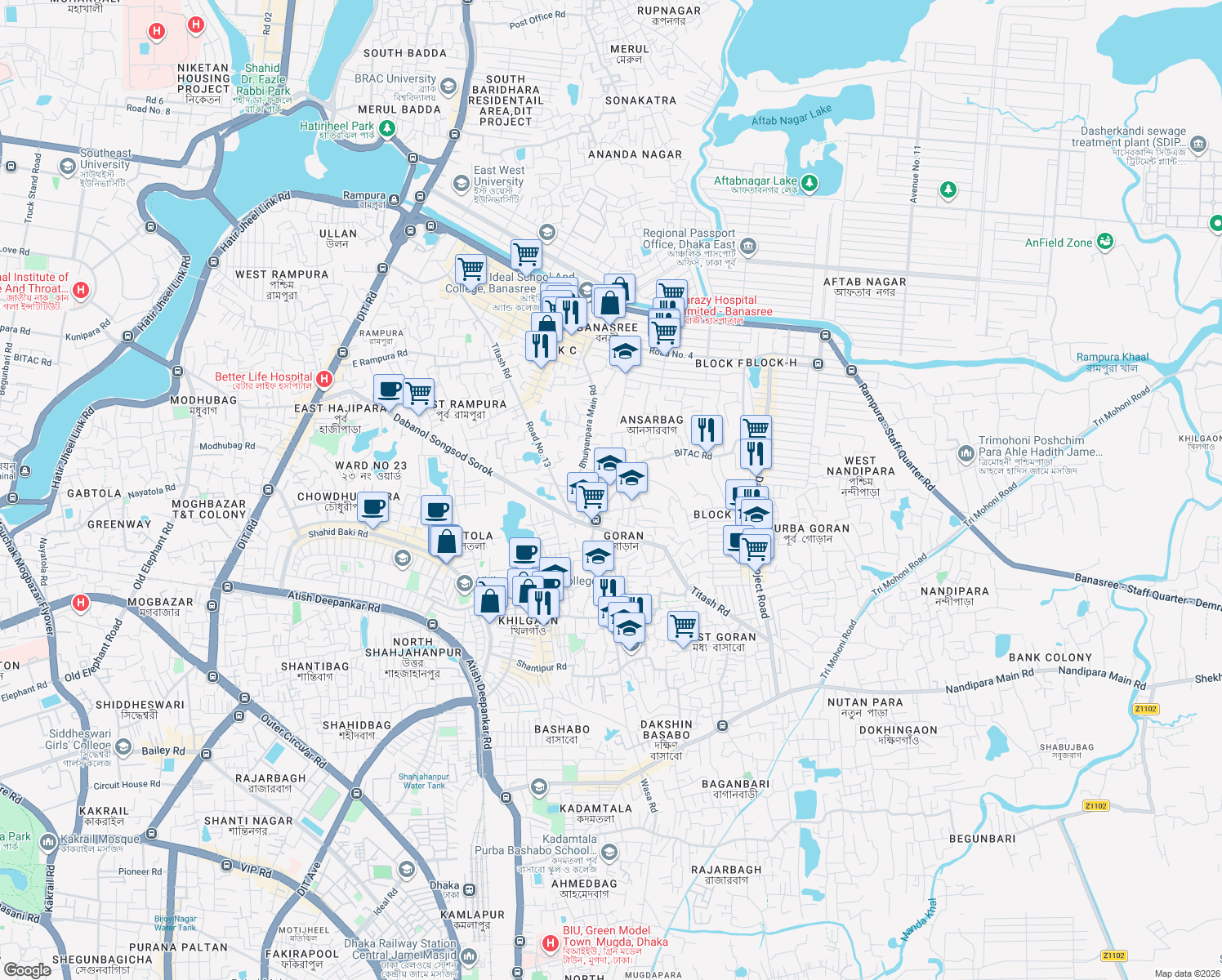 map of restaurants, bars, coffee shops, grocery stores, and more near Meradia Main Road in Dhaka