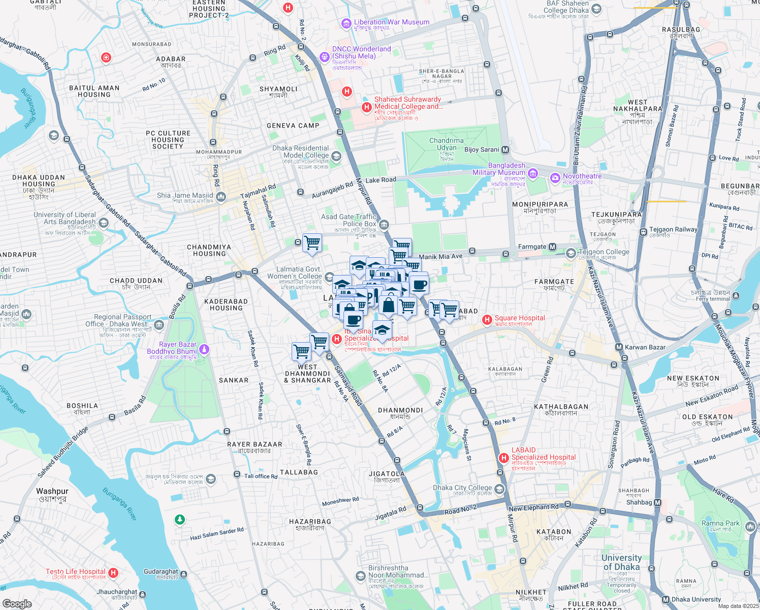 map of restaurants, bars, coffee shops, grocery stores, and more near Dhanmondi Lake Road in Dhaka