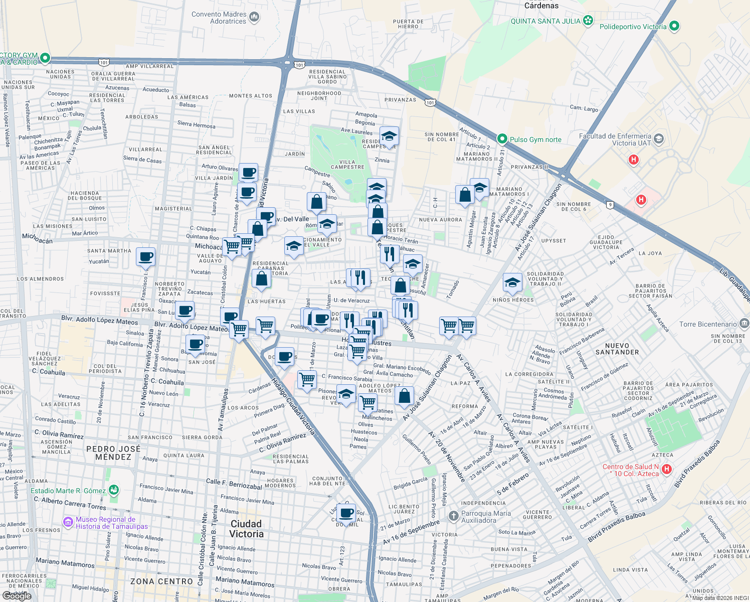 map of restaurants, bars, coffee shops, grocery stores, and more near Teocaltiche in Ciudad Victoria