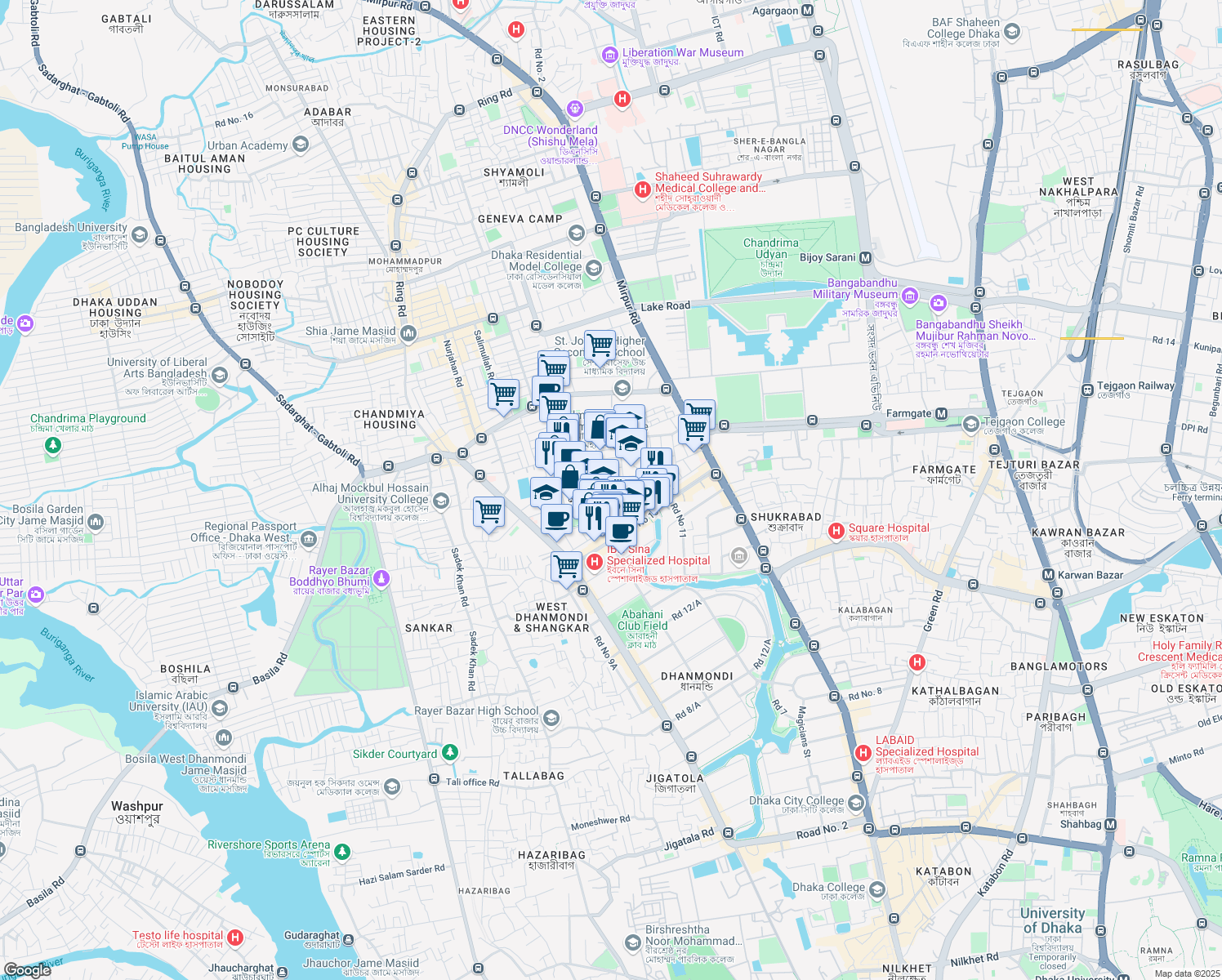 map of restaurants, bars, coffee shops, grocery stores, and more near 13 Block #C in Dhaka