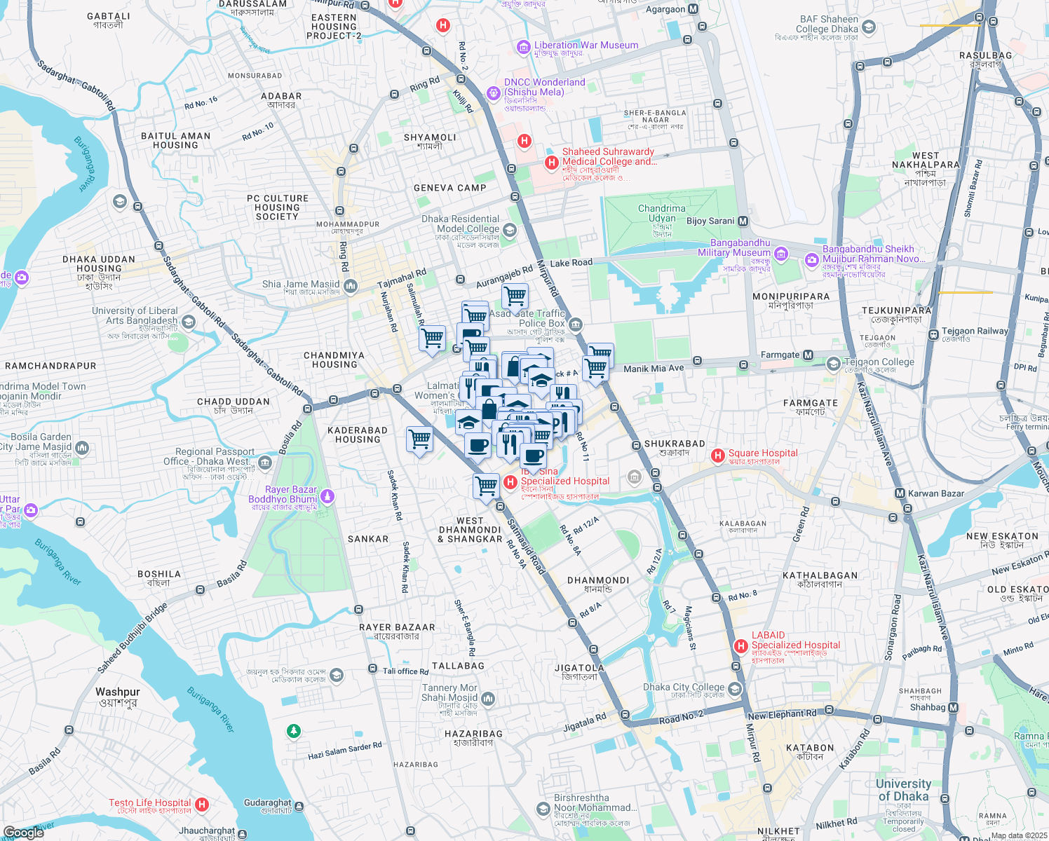 map of restaurants, bars, coffee shops, grocery stores, and more near 13 Block #C in Dhaka