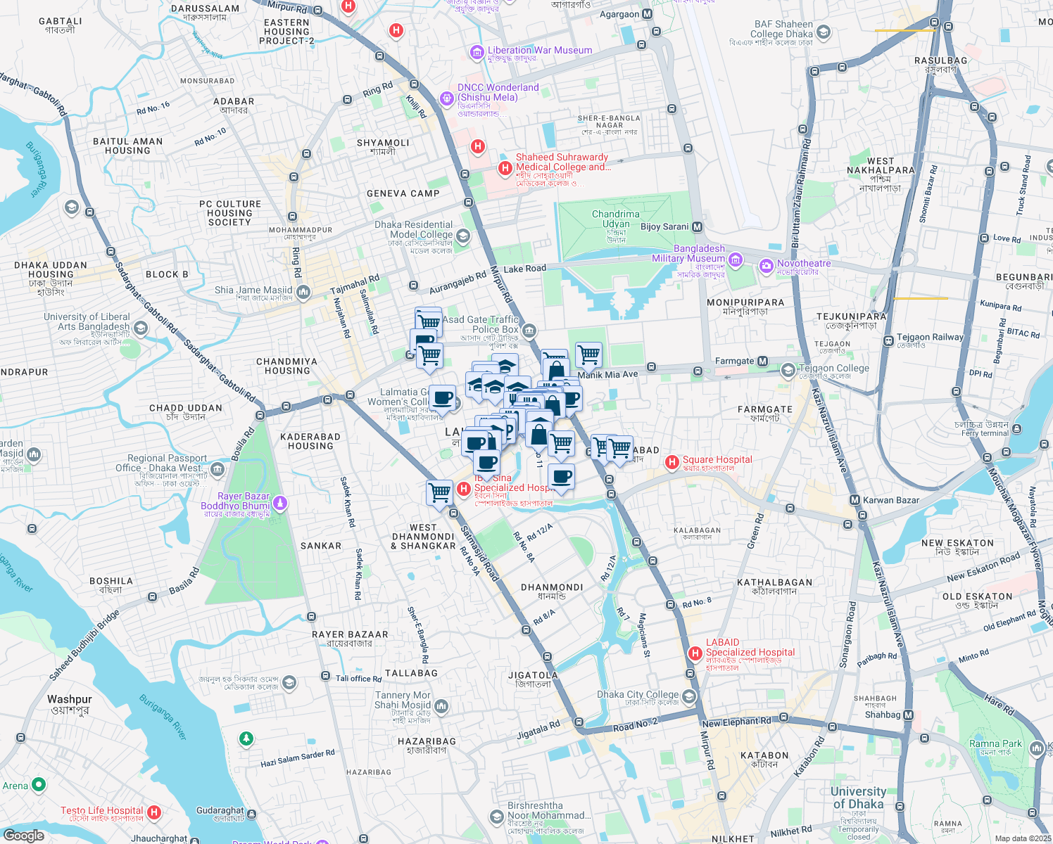 map of restaurants, bars, coffee shops, grocery stores, and more near Avenue # 1 Block-C in Dhaka