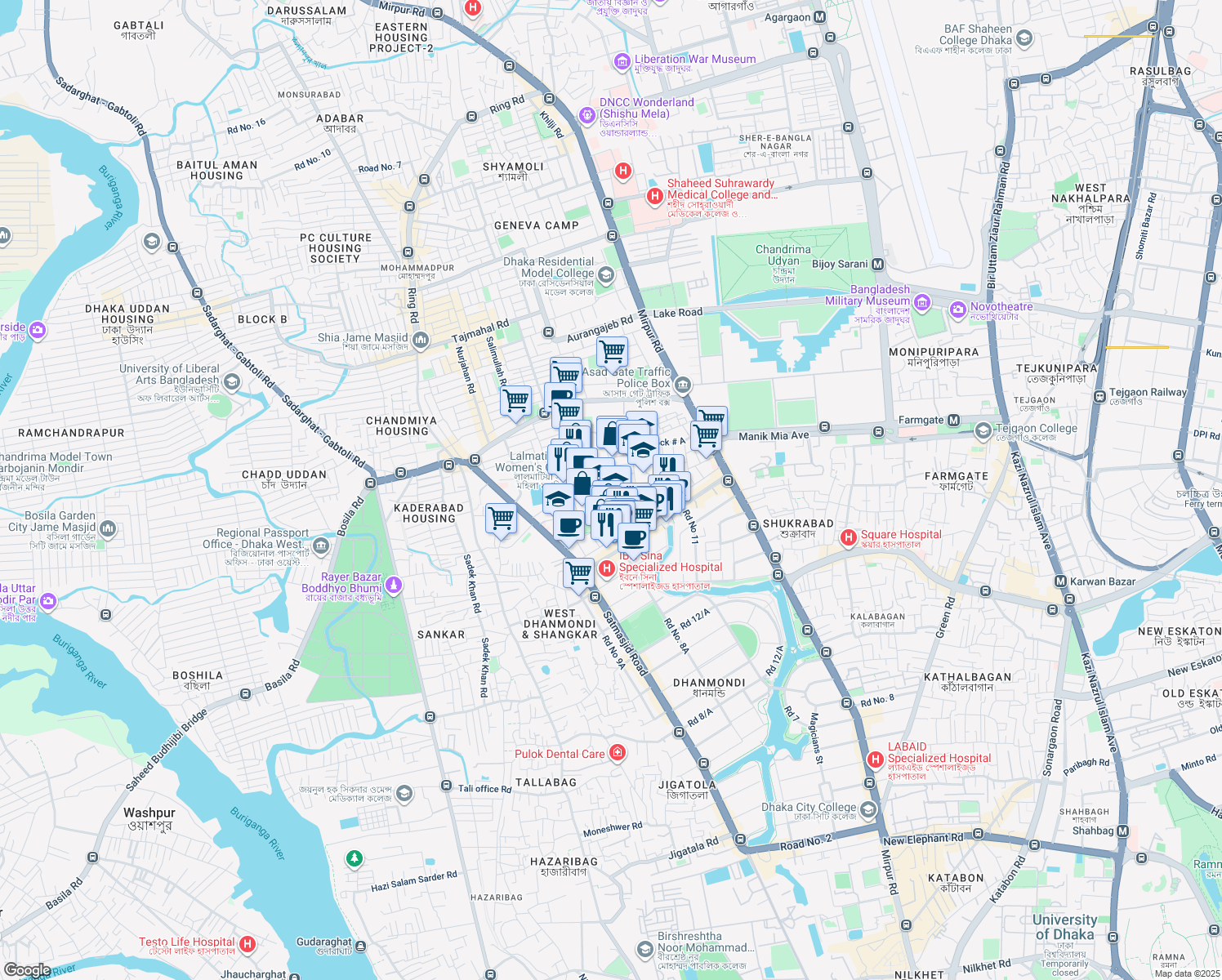 map of restaurants, bars, coffee shops, grocery stores, and more near 9 Block-C in Dhaka