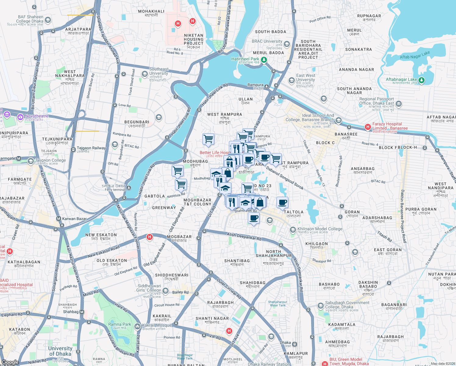 map of restaurants, bars, coffee shops, grocery stores, and more near Shahid Muktijoddha Faruk Ikbal and Taslim Road in Dhaka