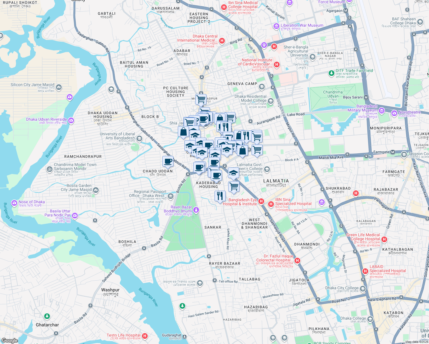 map of restaurants, bars, coffee shops, grocery stores, and more near Sadek Khan Road in Dhaka